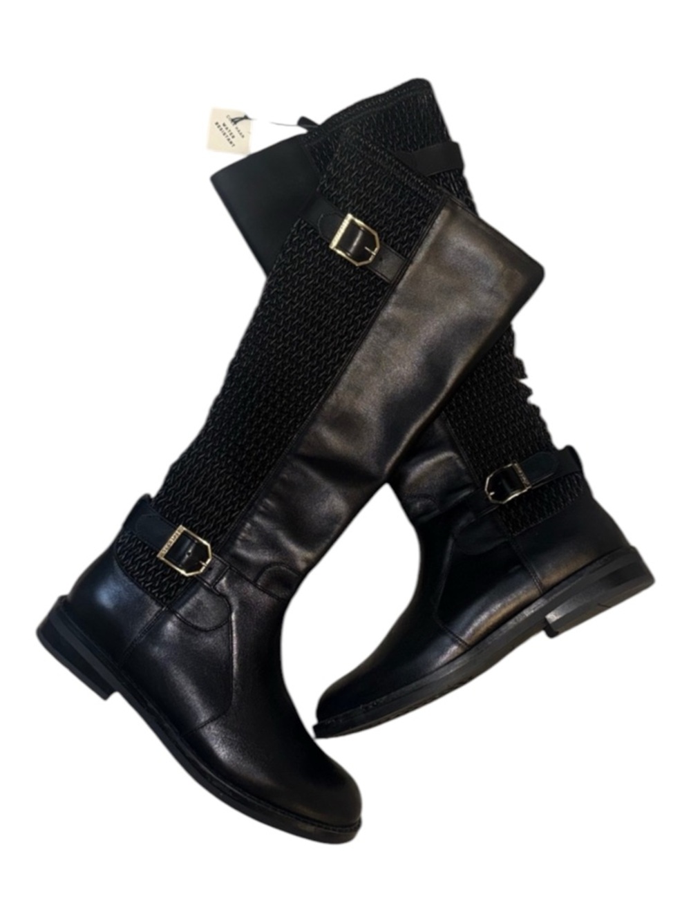 Cole Haan Black Leather Water Resistant Riding Boots Stretch Back‎ Buckle 5.5B